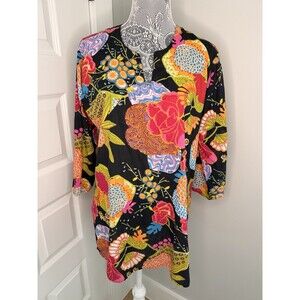 Kikisol Floral Tunic Top Sz LARGE Colorful Cotton Lightweight Shirt